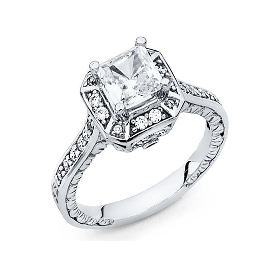 14K White Gold Women's Princess Cut Halo Cubic Zirconia Engagement Ring