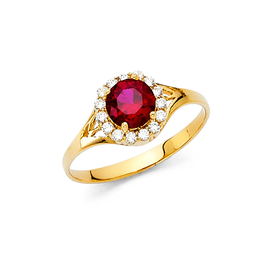 14K Yellow Gold Synthetic Red Ruby CZ Halo Solitaire Women’s Ring