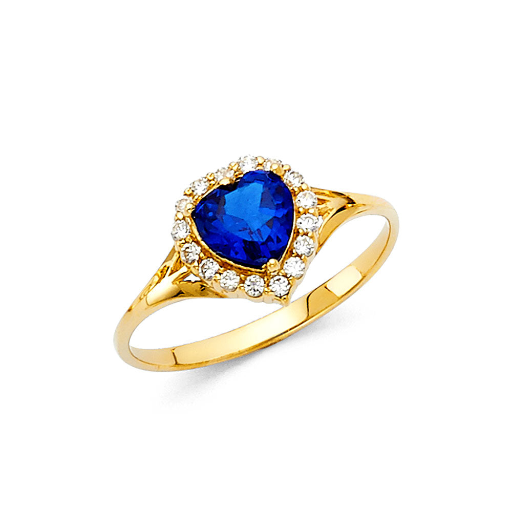 14K Yellow Gold Synthetic Sapphire Blue CZ Heart Halo Solitaire Women’s Ring
