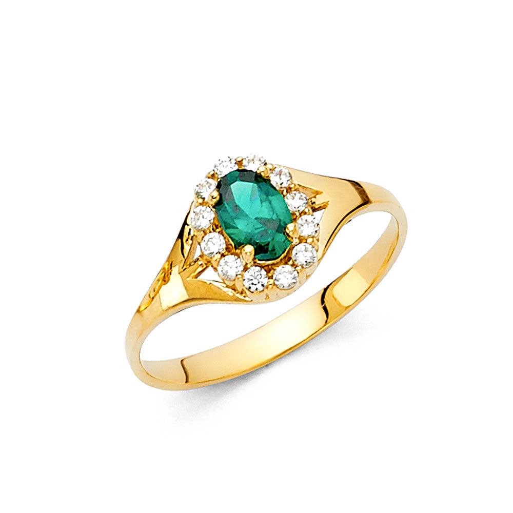14K Yellow Gold Green CZ Halo Solitaire Women’s Ring