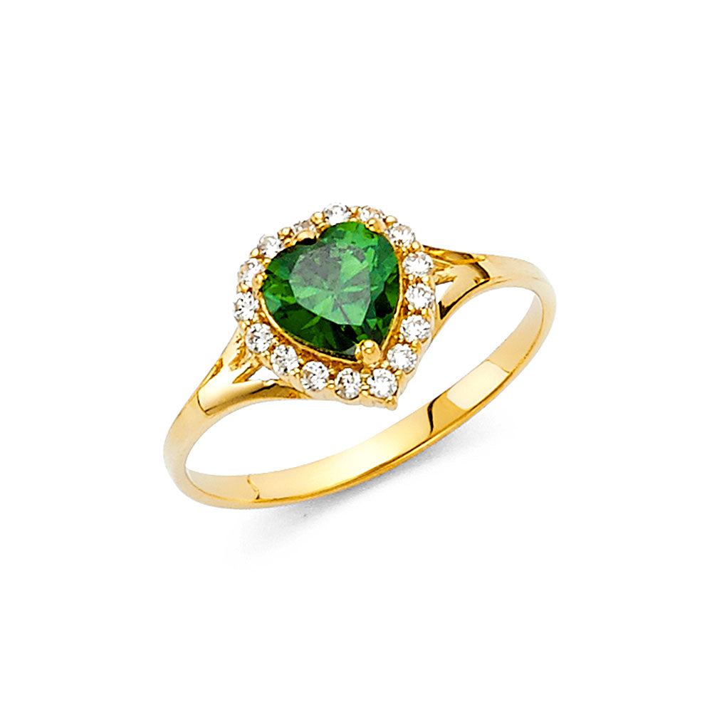 14K Yellow Gold Green CZ Heart Halo Solitaire Women’s Ring