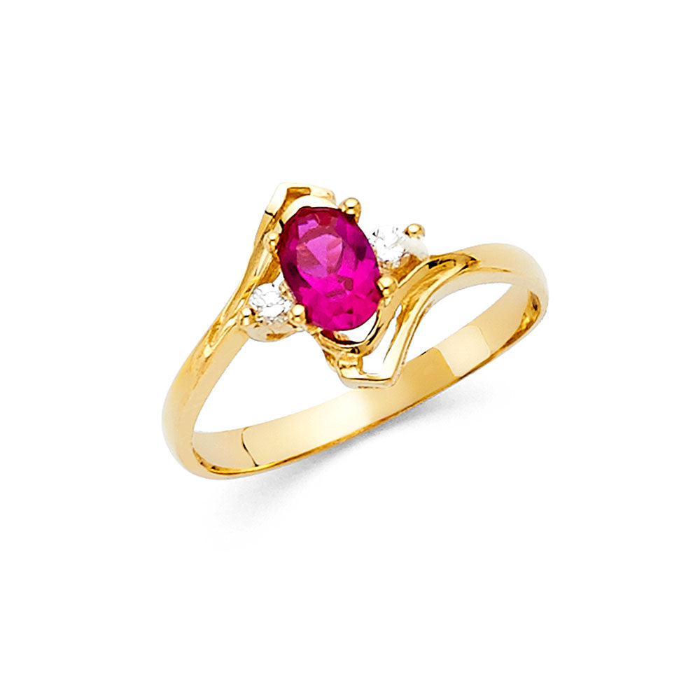 14K Yellow Gold Synthetic Red Ruby CZ Three-Stone Ring