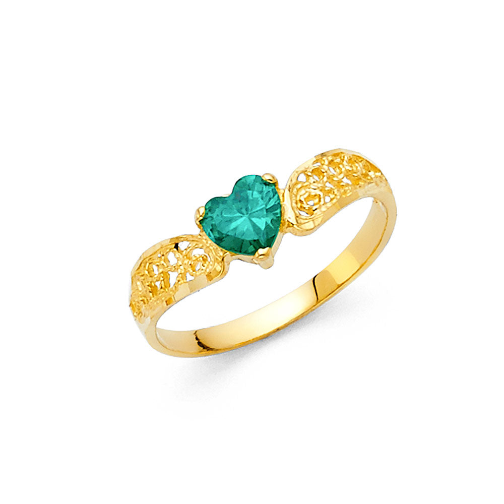 14K Yellow Gold Filigree Design Green CZ Heart Solitaire Women’s Ring