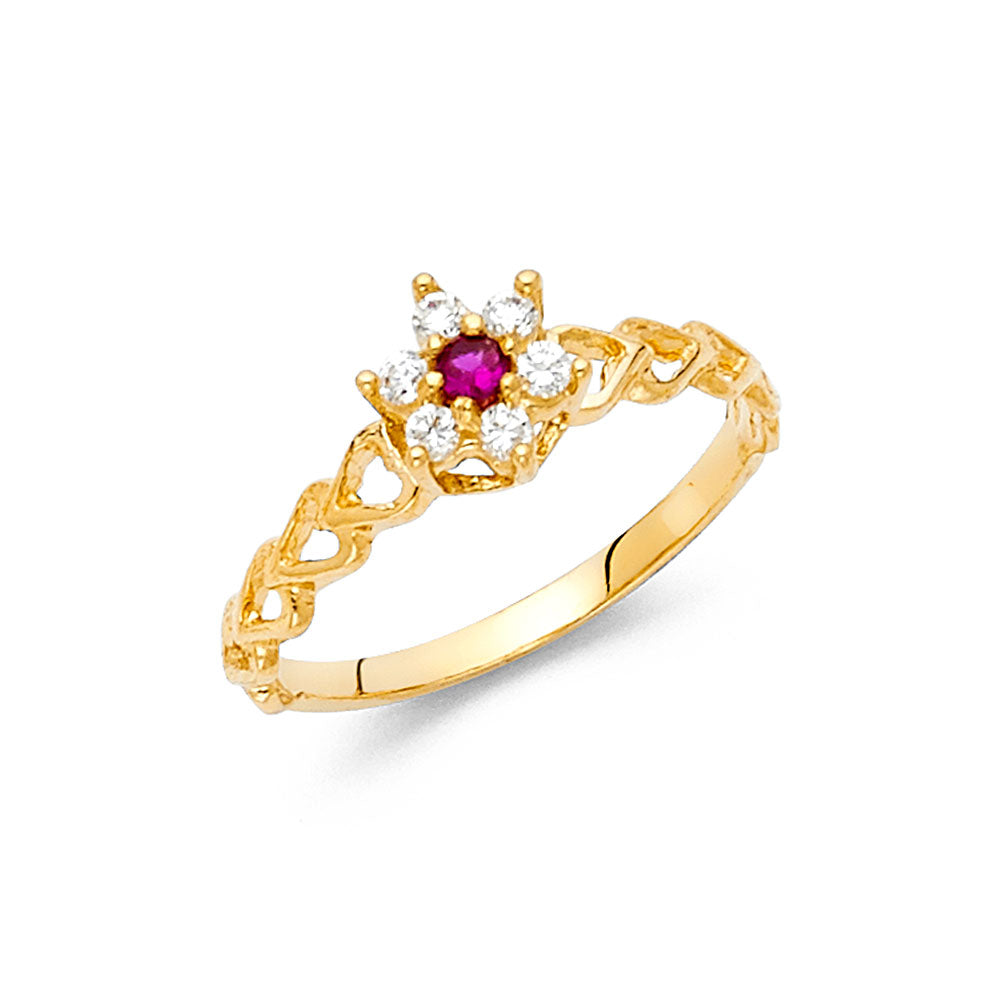 14K Yellow Gold Synthetic Red Ruby CZ Floral Heart Design Ring