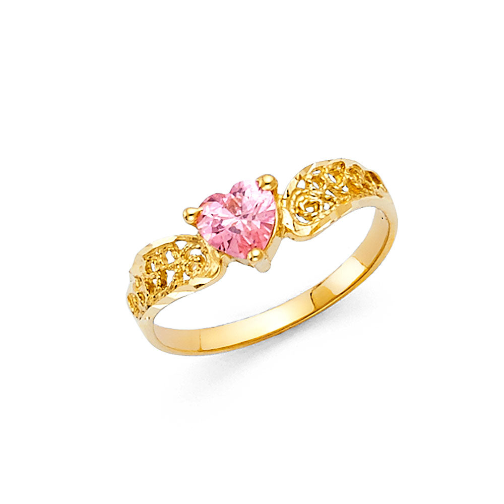 14K Yellow Gold Filigree Design Pink CZ Heart Solitaire Women’s Ring