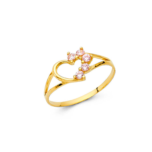 14K Yellow Gold Children’s Open Heart Ring accented with Synthetic Pink Stones