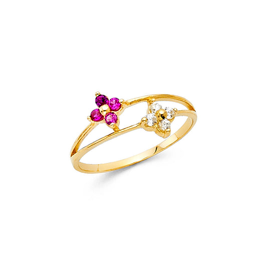 14K Yellow Gold Children’s Double Flower Ring with Synthetic Ruby and Cubic Zirconia