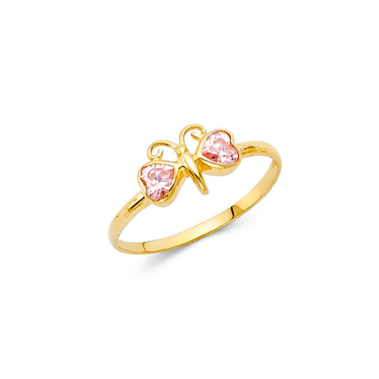 14K Yellow Gold Children’s Butterfly Ring with Synthetic Pink Heart-Shaped Stones