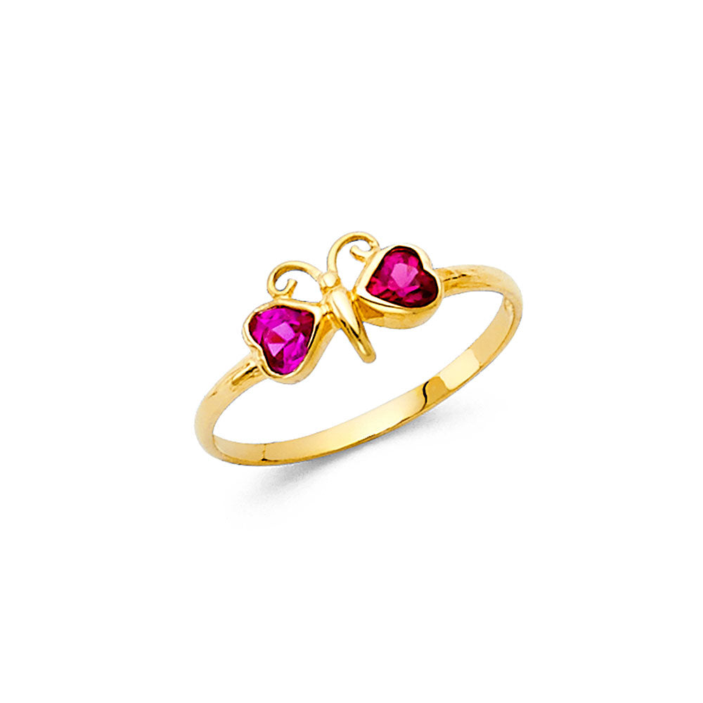 14K Yellow Gold Children’s Butterfly Ring with Synthetic Red Heart-Shaped Stones