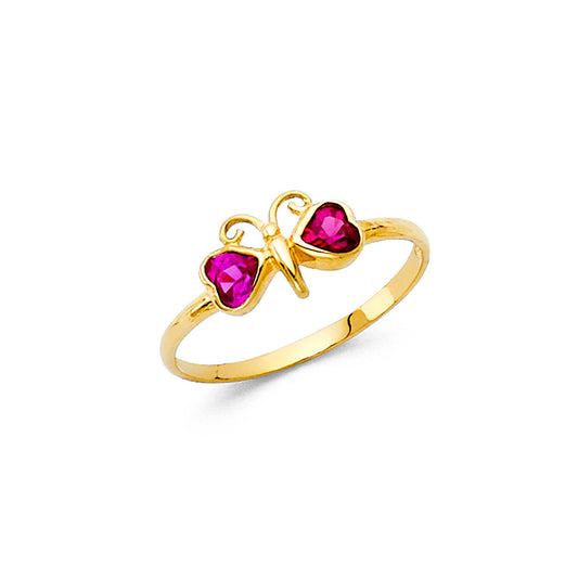 14K Yellow Gold Children’s Butterfly Ring with Synthetic Red Heart-Shaped Stones