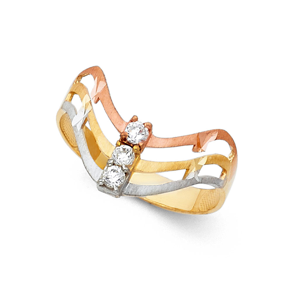 14K Tri-Color Gold Women's Multi-Row CZ Diamond-Cut Ring