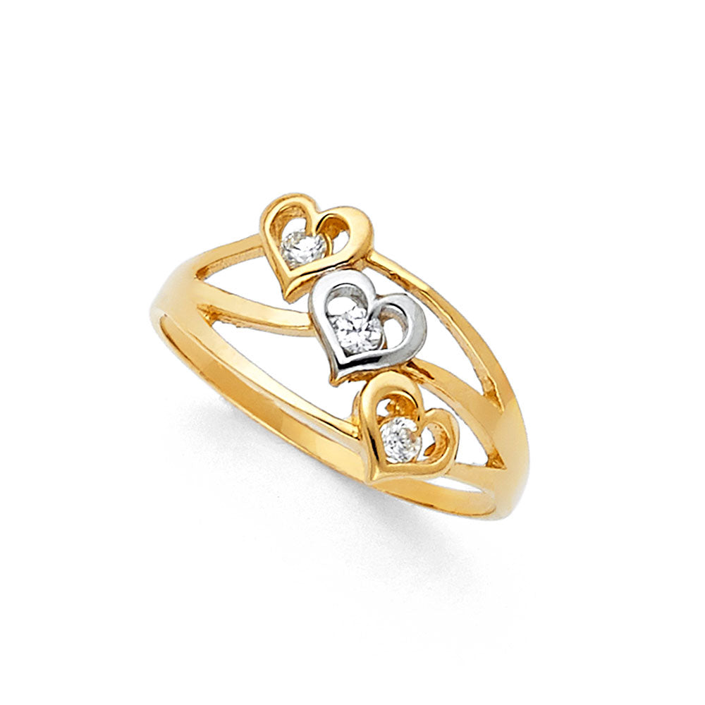 14K Two-Tone Gold Women's Three Heart CZ Ring