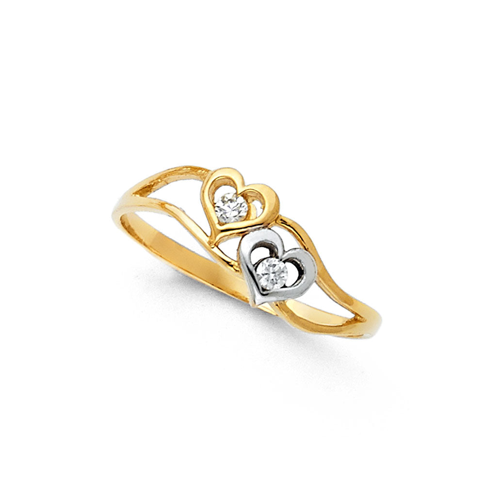 14K Two-Tone Gold Women's Double Heart CZ Ring