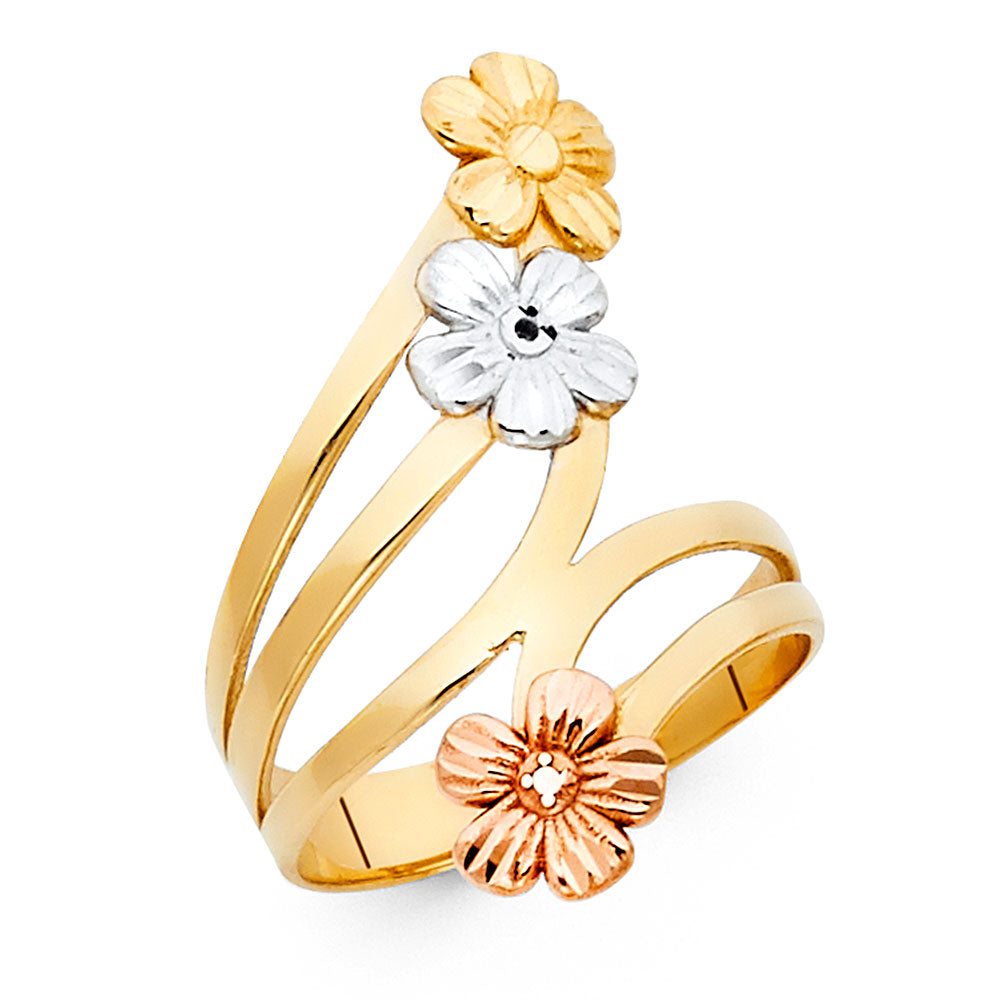 14K Tri-Color Gold Triple Flower Open Design Ring