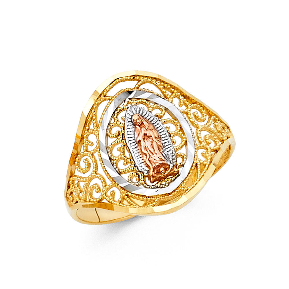 14K Tri-Color Gold Virgin Guadalupe Filigree Design Women’s Ring