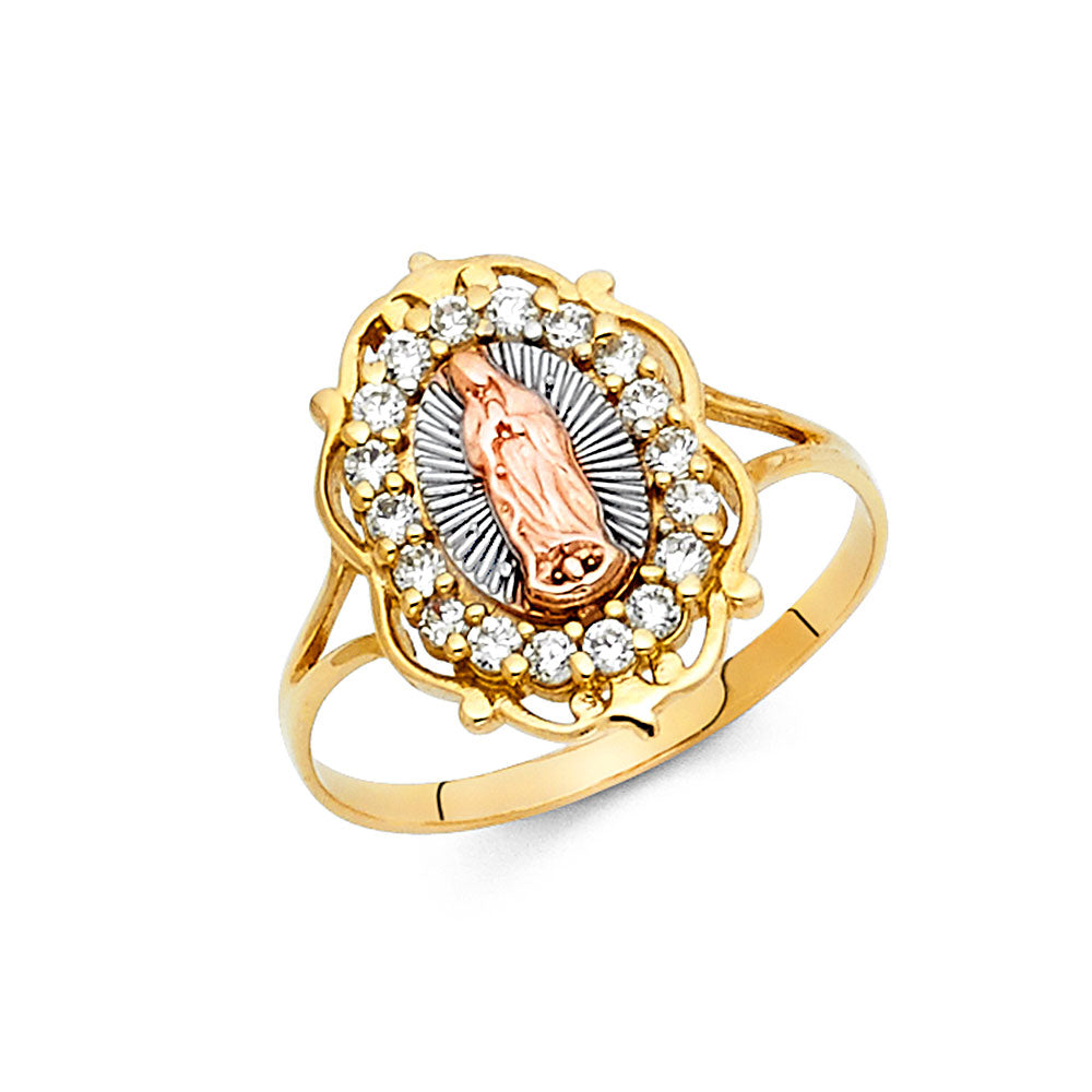 14K Tri-Color Gold Women’s Virgin Guadalupe Halo CZ Ring