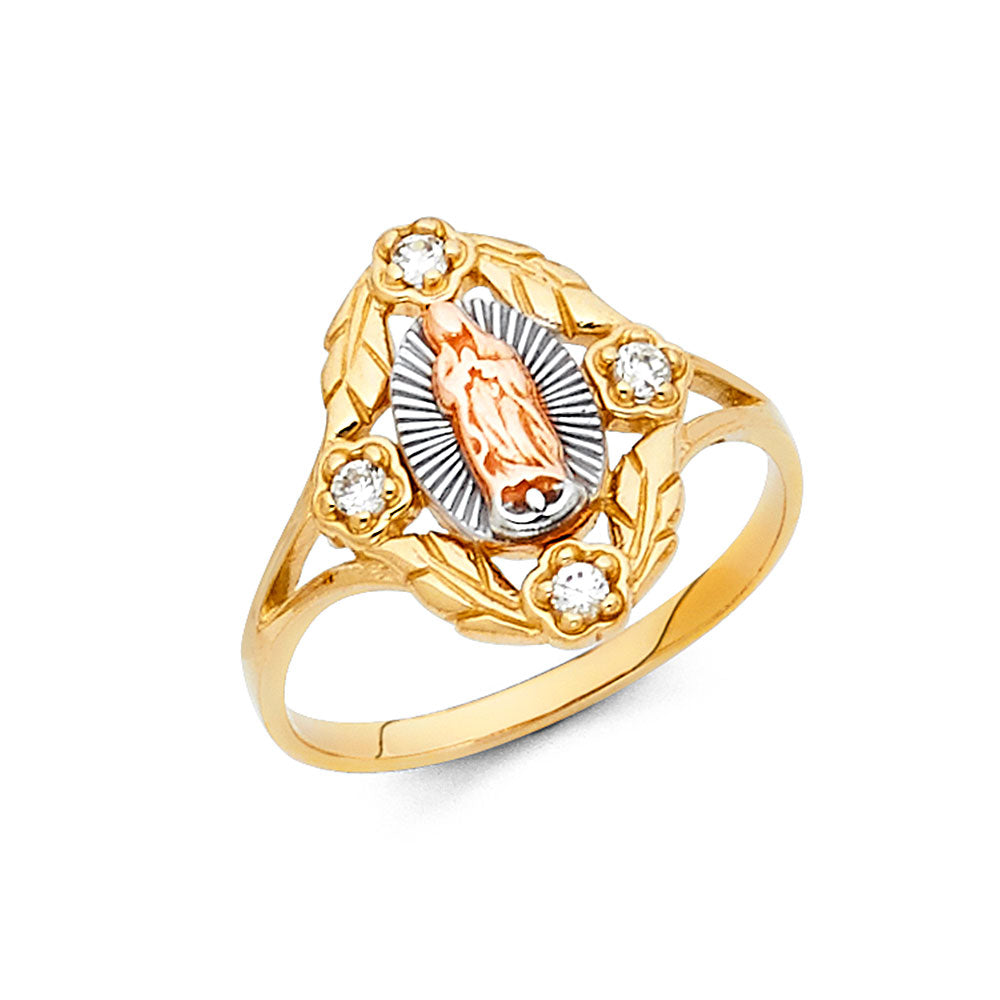 14K Tri-Color Gold Women’s Virgin Guadalupe Floral Design CZ Ring
