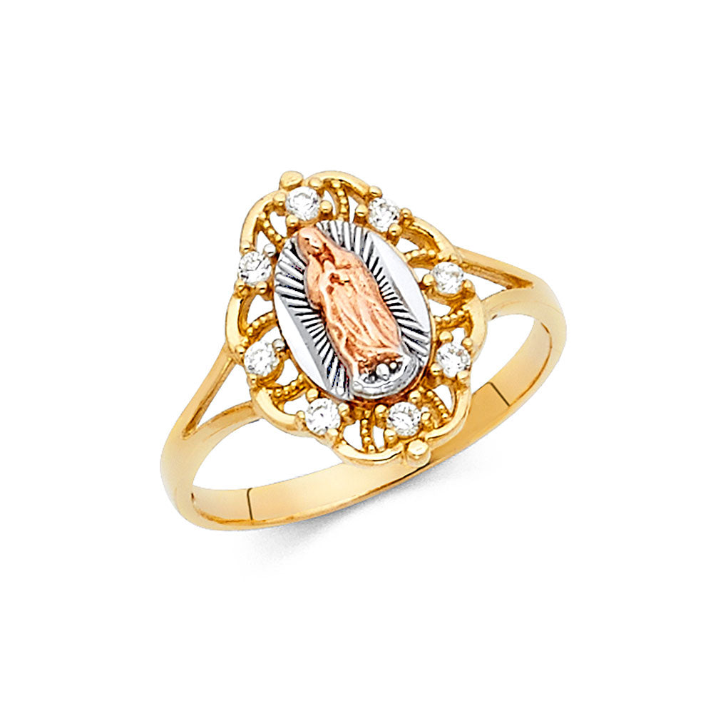 14K Tri-Color Gold Women’s Virgin Guadalupe Filigree Design CZ Ring