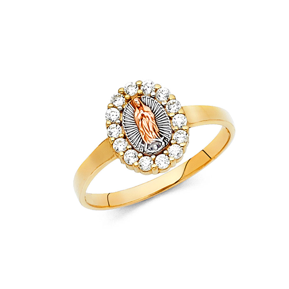14K Tri-Color Gold Virgin Guadalupe Halo CZ Ring