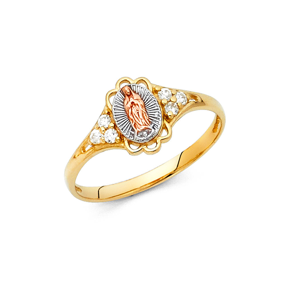 14K Tri-Color Gold Virgin Guadalupe Scalloped Frame CZ Ring