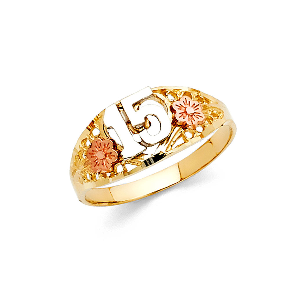 14K Tri-Color Gold 15 Años Quinceañera Ring