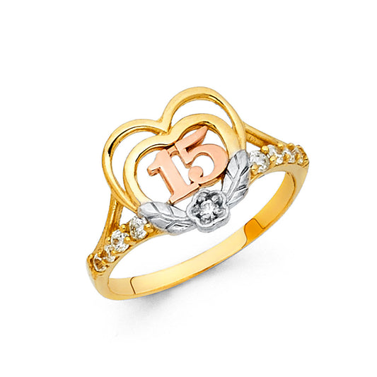 14K Tri-Color Gold Quinceañera Heart with Rose Gold 15 and Cubic Zirconia Accents