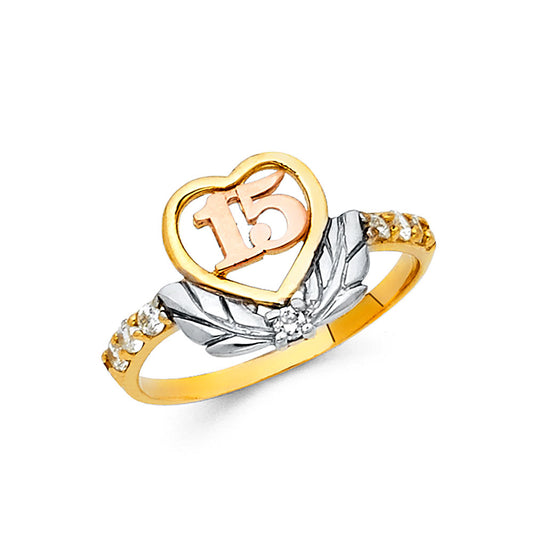 14K Tri-Color Gold Quinceañera Heart with Rose Gold 15, Leaf Motif, and Cubic Zirconia Accents