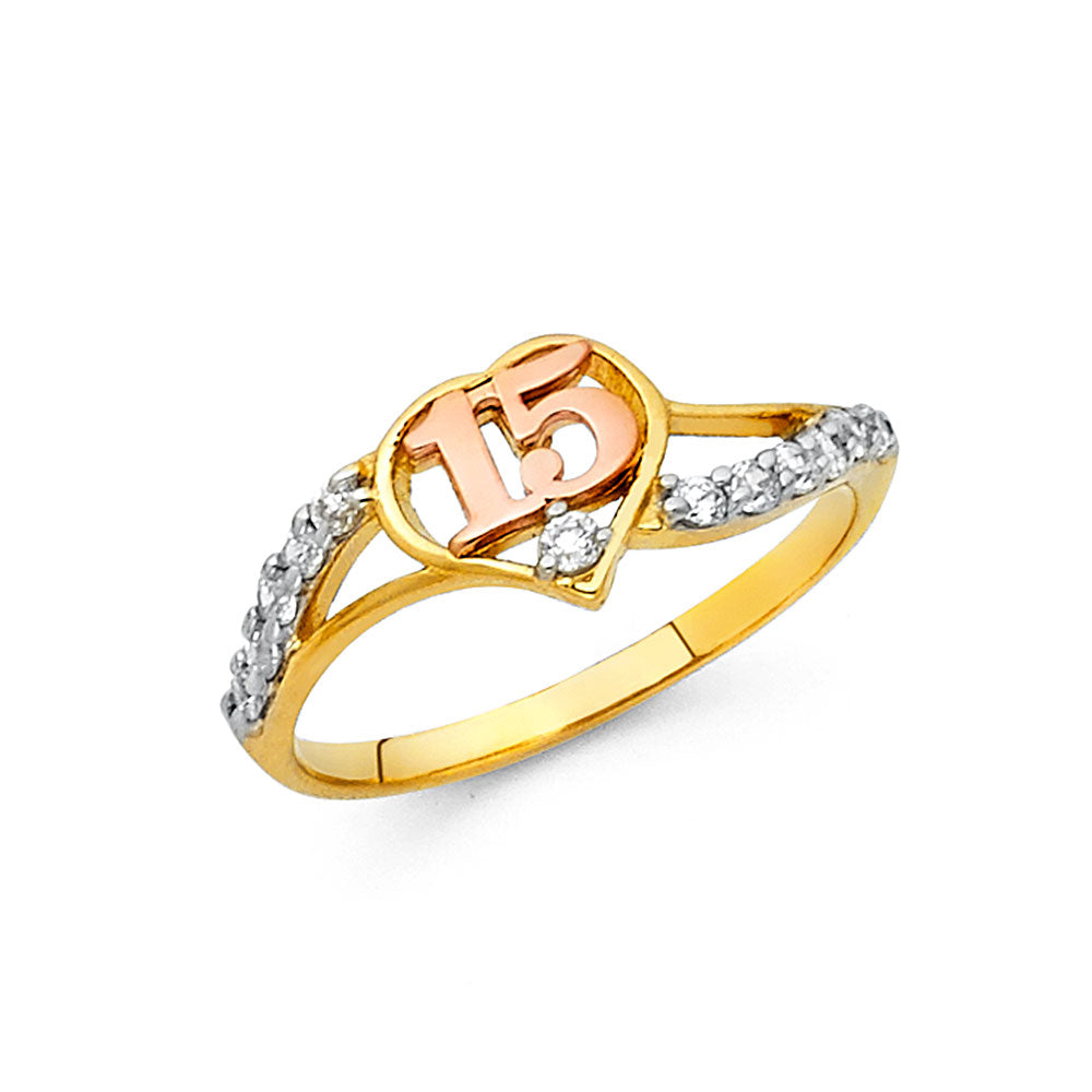 14K Tri-Color Gold Quinceañera Heart Ring with Split Shank and CZ Accents