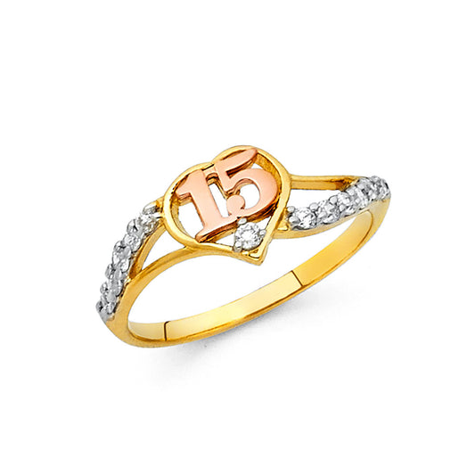 14K Tri-Color Gold Quinceañera Heart Ring with Split Shank and CZ Accents