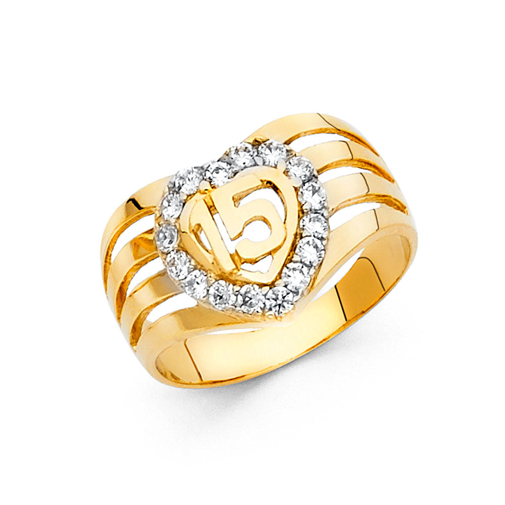 14K Yellow Gold CZ Quinceañera Heart Ring