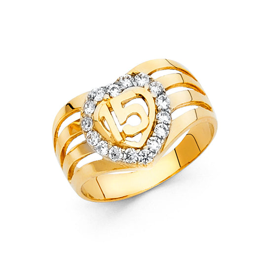 14K Yellow Gold CZ Quinceañera Heart Ring