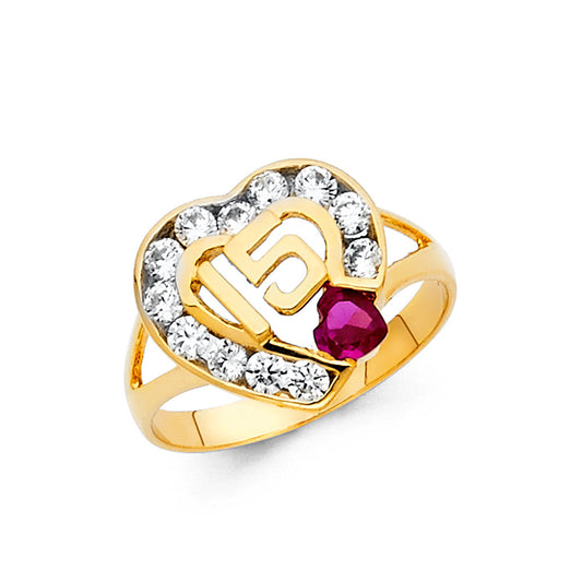 14K Yellow Gold CZ Quinceañera Heart Ring with Synthetic Heart Shaped Ruby Stone