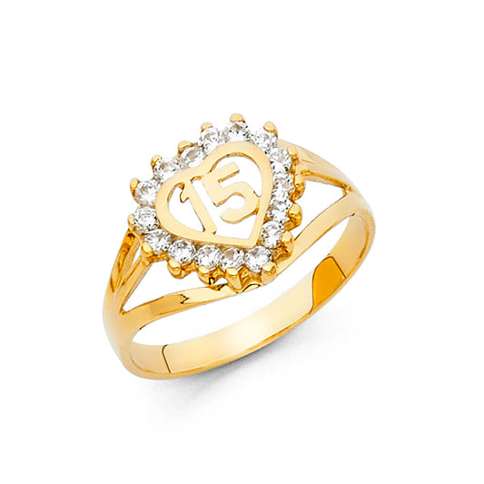 14K Yellow Gold CZ Quinceañera Heart Ring with CZ Accents