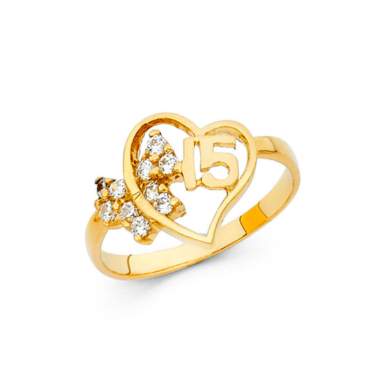 14K Yellow Gold CZ Quinceañera Heart Ring with CZ Bow Accent