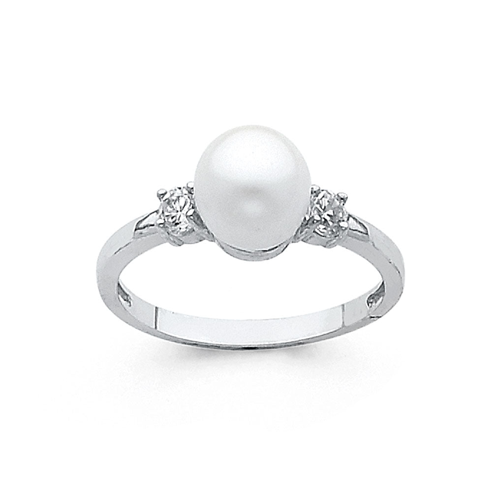 14K White Gold Pearl & CZ Three-Stone Ring