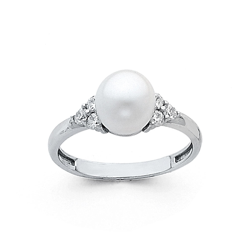 14K White Gold Pearl & CZ Cluster Accent Ring