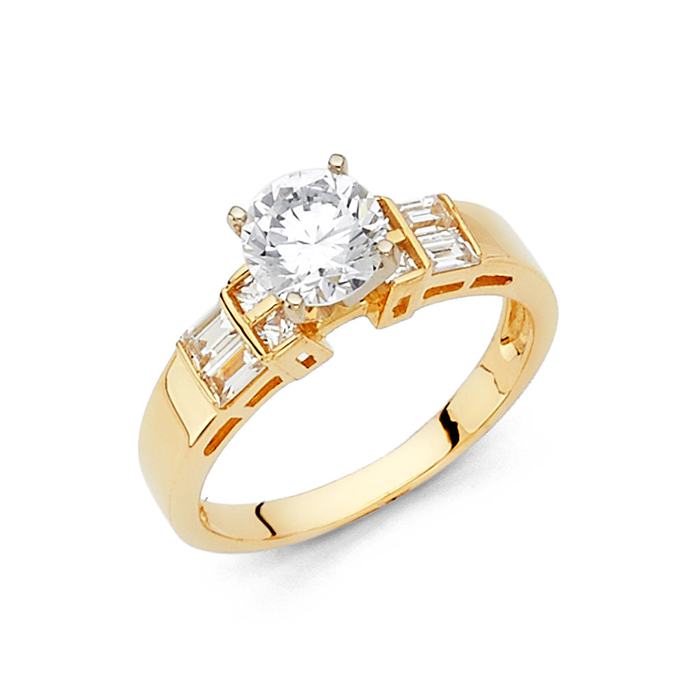 14K Yellow Gold Women’s Round Cut Solitaire CZ Ring with Baguette Accents