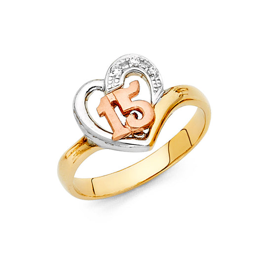 14K Tri-Color CZ Quinceañera Heart Ring