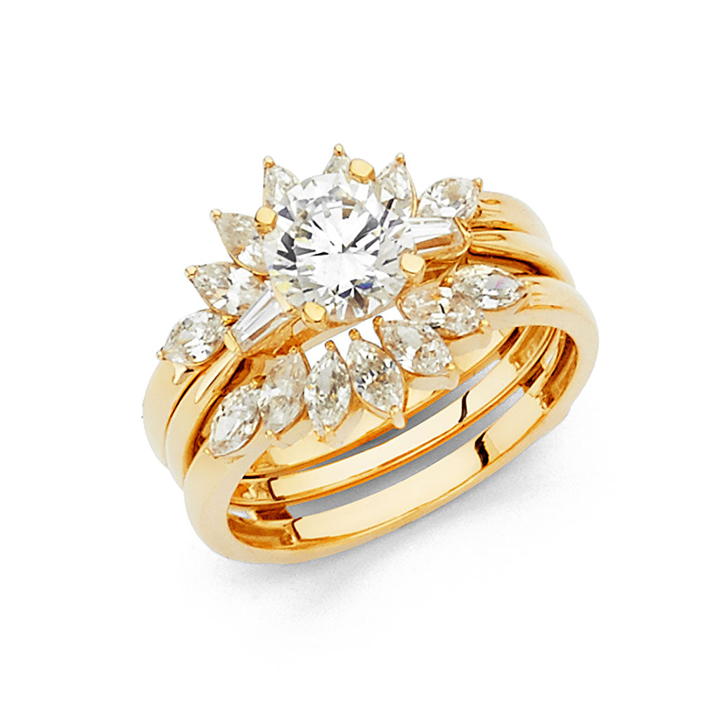 14K Yellow Gold Women’s Solitaire Design Round CZ Ring with Matching CZ Wedding Band
