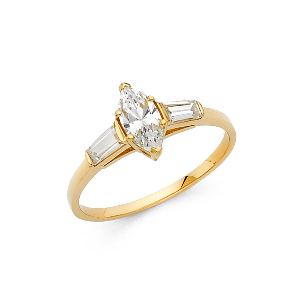 14K Yellow Gold Women’s Solitaire Design Marquise Cut CZ Ring with Baguette CZ Side Stones