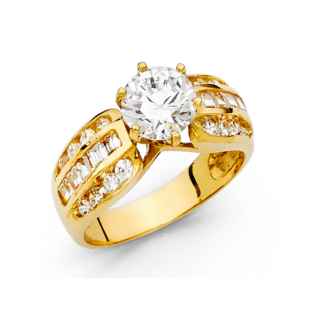 14K Yellow Gold Women’s Solitaire Design Round CZ Ring with Baguette & Round CZ Side Stones