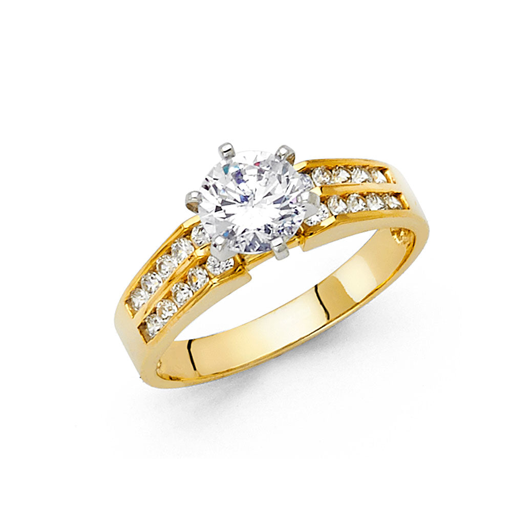 14K Yellow Gold Women’s Solitaire Design Round CZ Ring with Split Shank CZ Accents