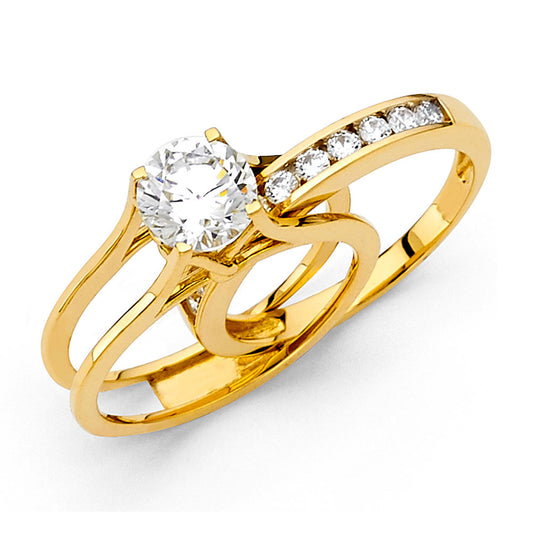 14K Yellow Gold Women’s Round Cubic Zirconia Bridal Set Engagement Ring & Wedding Band Combo