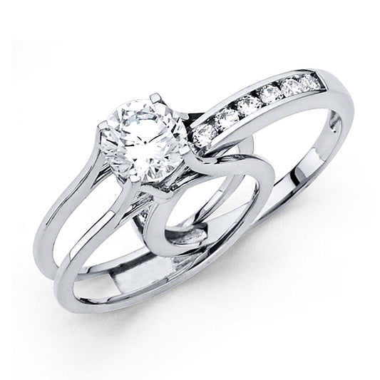14K White Gold Women’s Round Cubic Zirconia Bridal Set Engagement Ring & Wedding Band Combo