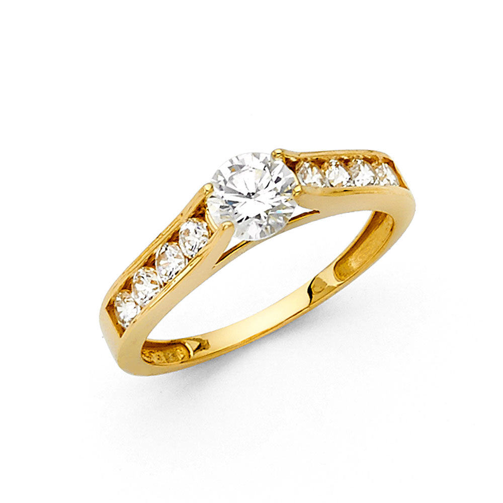 14K Yellow Gold Women’s Round Cut Solitaire CZ Ring with Channel Set Side CZ Stones