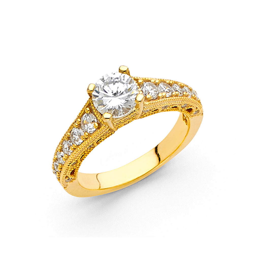 14K Yellow Gold Women’s Solitaire Design Round CZ Ring with Side CZ Accents