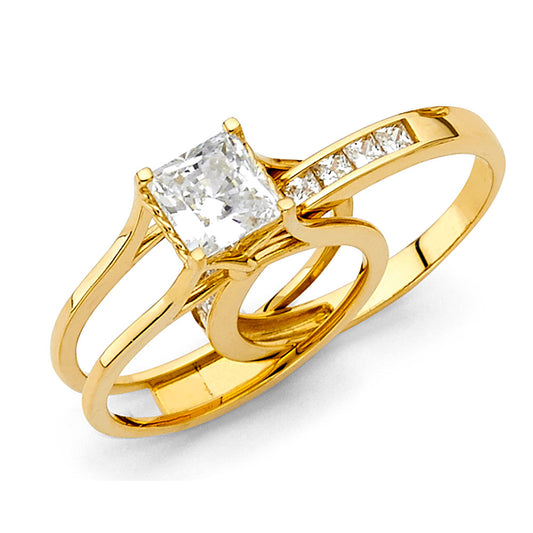 14K Yellow Gold Women’s Princess Cut Cubic Zirconia Split Shank Engagement Ring & Wedding Band Combo