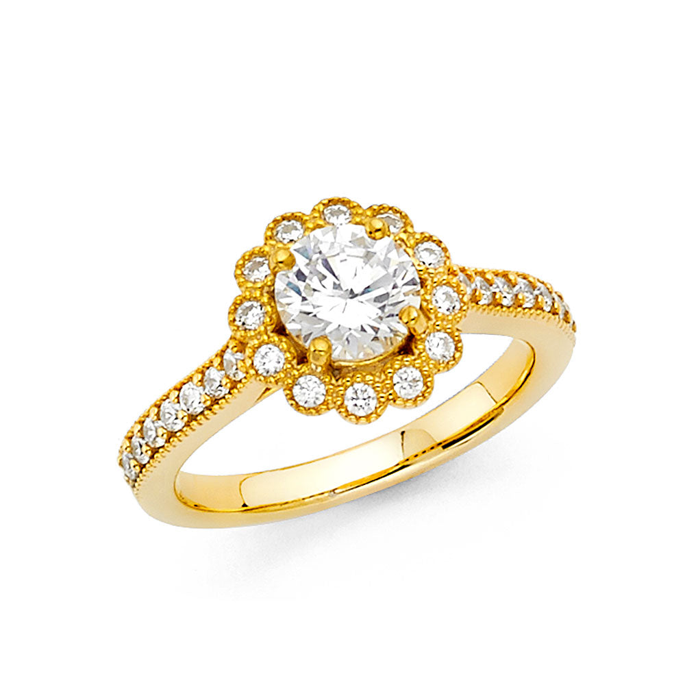 14K Yellow Gold Women’s Round Cut Halo Solitaire CZ Ring with Pavé CZ Band