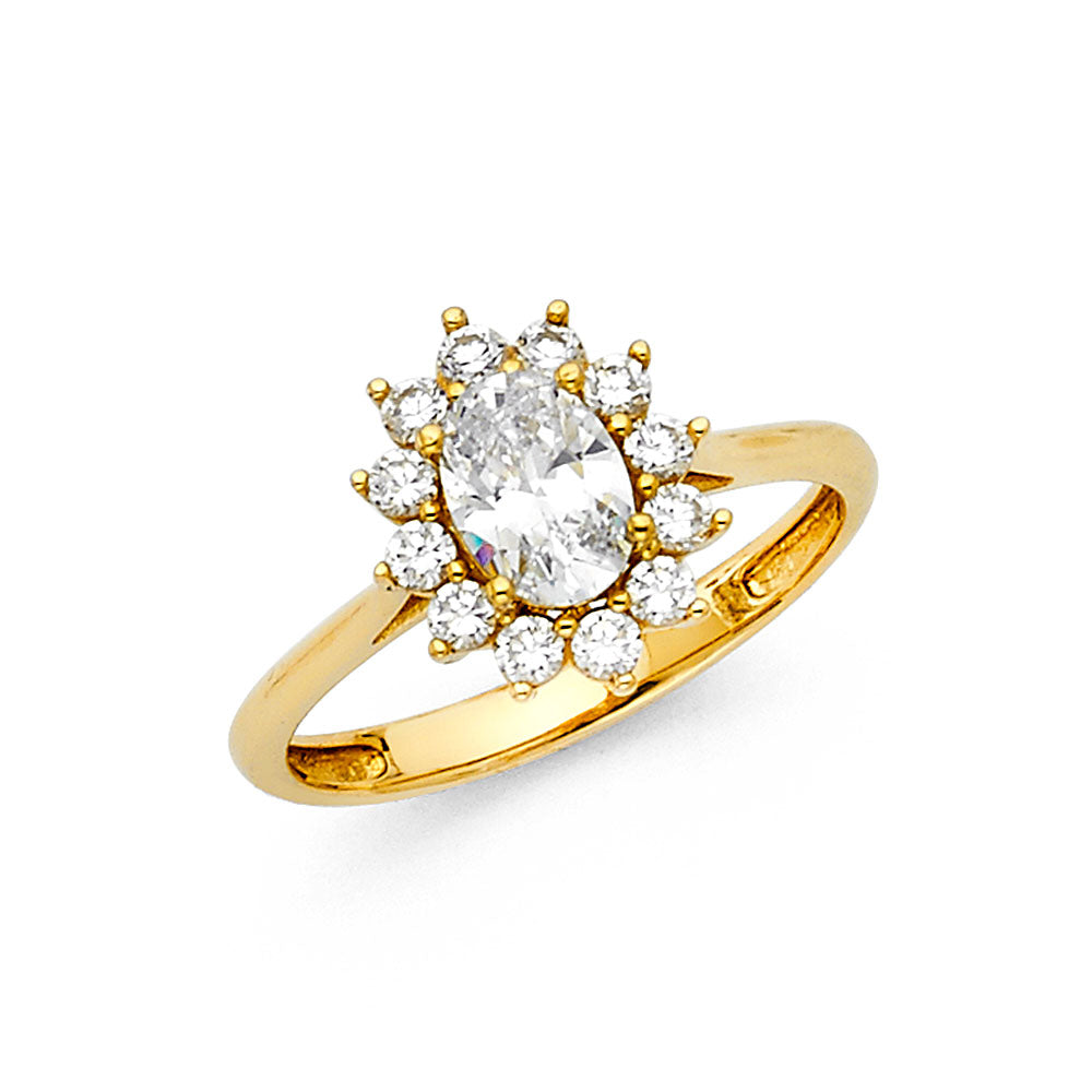 14K Yellow Gold Women’s Solitaire Design Oval Cut CZ Halo Ring