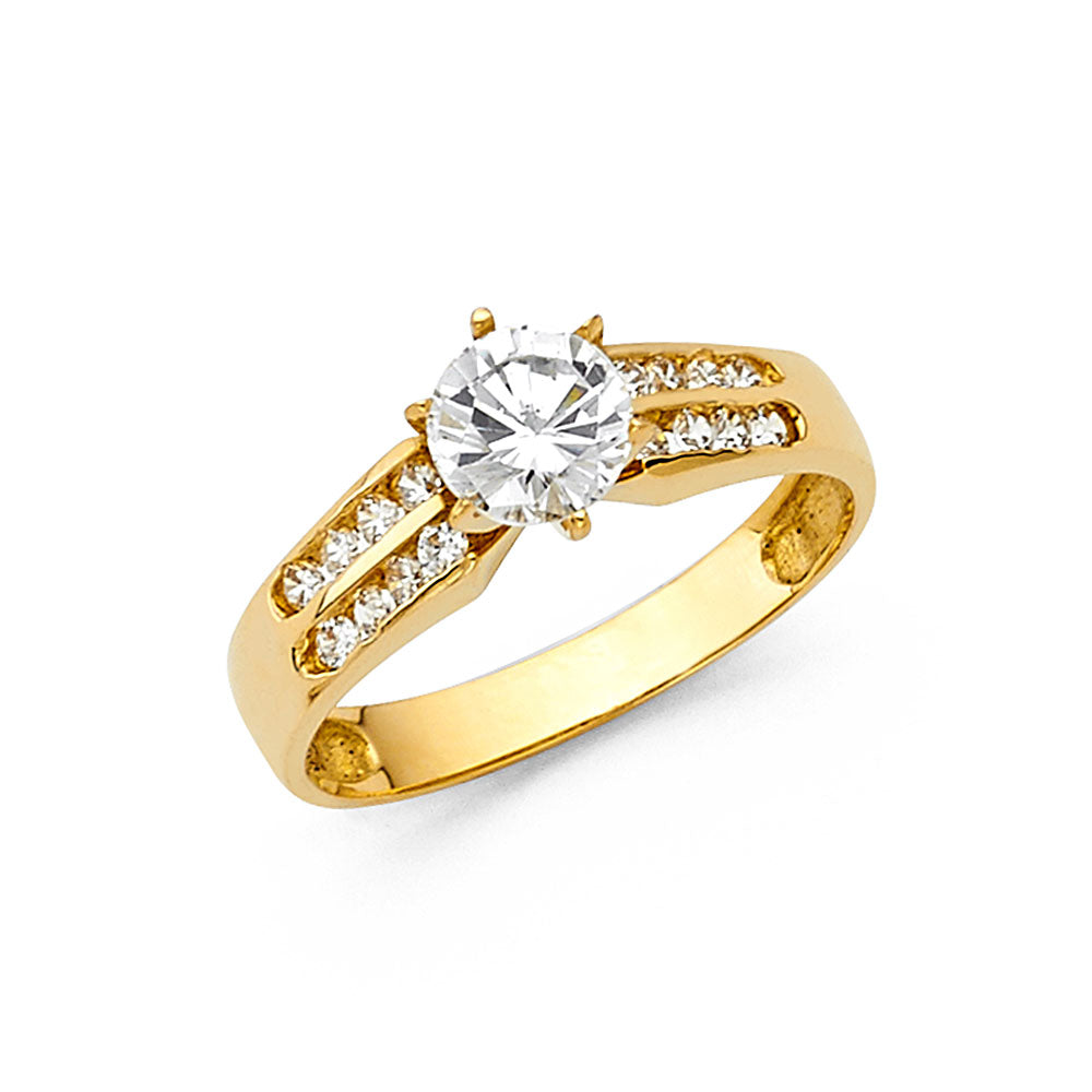 14K Yellow Gold Women’s Solitaire CZ Ring with Channel-Set CZ Accents
